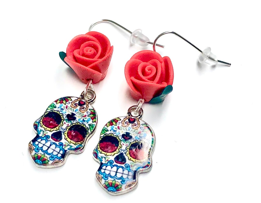 Sugar Skull Earrings Red Rose Day of the Dead Sugar Skull Gift Etsy
