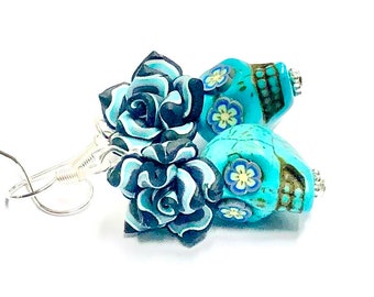 Handmade Turquoise Sugar Skull Earrings - Day of the Dead Jewelry