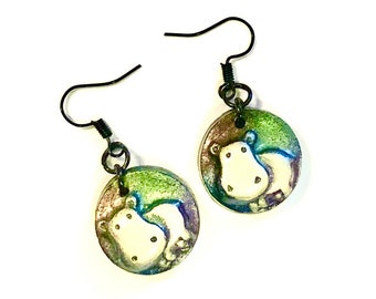 Happy Hippo Earrings Handmade OOAK Hippopotamus Jewelry Gift Earrings