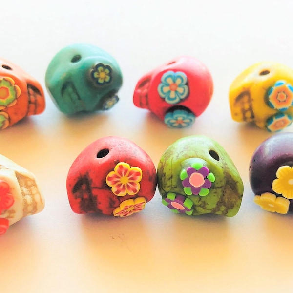 Sugar Skull Beads Rainbow Flower Collection of 8 Horizontally Drilled Day of the Dead Skull Beads