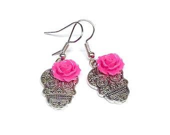 Silver Sugar Skull Earrings Hot Pink Rose Day of the Dead Earrings