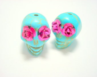 Sugar Skull Beads with Pink Rosy Eyes Turquoise Howlite Beads
