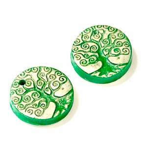 Tree of Life Polymer Clay Beads Handmade Artisan Green Silver Spiral Tree Jewelry Components