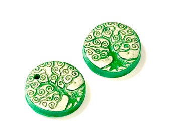 Tree of Life Polymer Clay Beads Handmade Artisan Green Silver Spiral Tree Jewelry Components