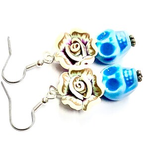 Sugar Skull Earrings Ceramic Turquoise Day of the Dead Rose Sugar Skull Jewelry Gift