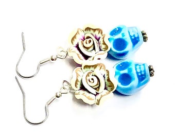 Turquoise Sugar Skull Earrings, Day of the Dead Jewelry