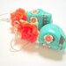 Sugar Skull Earrings Large Red and Turquoise Day of the Dead Roses and Sugar Skulls 
