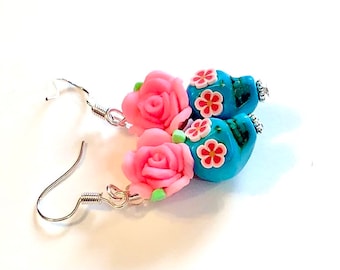 Sugar Skull Earrings Pretty Pink Turquoise Day of the Dead Rose Sugar Skull Gift