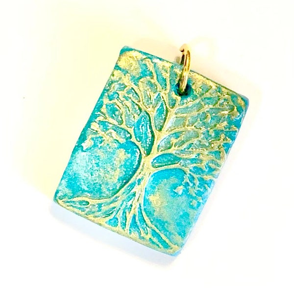 Tree of Life Handmade Polymer Clay Pendant Turquoise Gold Tree Charm