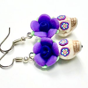 Sugar Skull Earrings Purple White Day of the Dead Jewelry Gift For Her