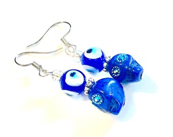 Sugar Skull Earrings Blue Evil Eye Jewelry Gift for Her