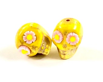 Sugar Skull Beads Yellow Pink Flower Eyes Day of the Dead 18 MM Skull Beads Limited Edition Beads