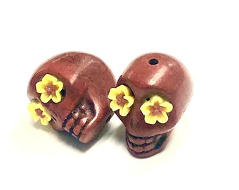 Sugar Skull Beads Coffee Brown Yellow Eyes Day of The Dead 18 mm Sugar Skull Jewelry Components