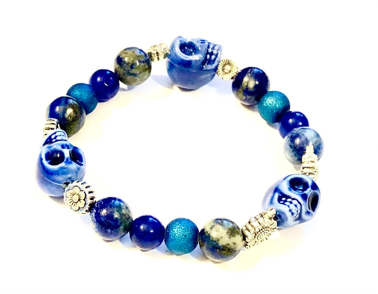 Blue Sugar Skull Gemstone Bracelet: Unisex Stretchy Jewelry