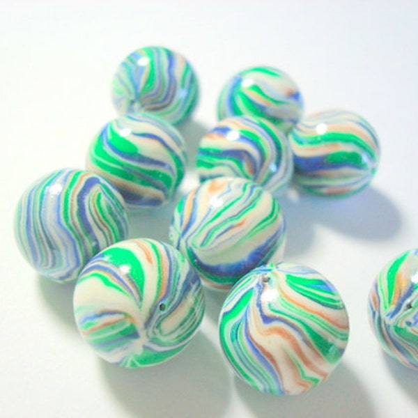 Marbled Blue, Green, and White Handmade Polymer Clay Beads