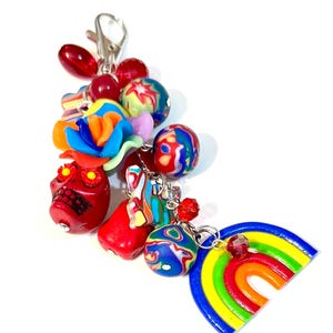 Handmade Beaded Purse Charm - Rainbow Red Sugar Skull Keyring