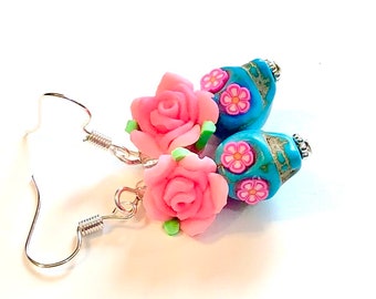 Sugar Skull Earrings, Turquoise and Pink Roses, Day of the Dead