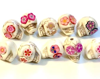 Sugar Skull Beads with Flower Eyes, Dia De Los Muertos, 13mm