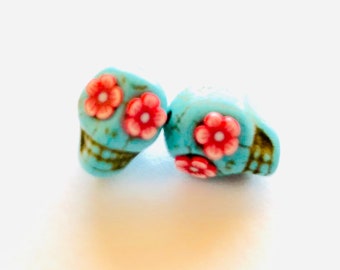 Sugar Skull Beads Red Flower Eyes in Small Turquoise Day of The Dead Beads 13 mm