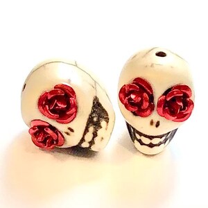 Red Rose Eye Sugar Skull Beads: White Stone Jewelry Components