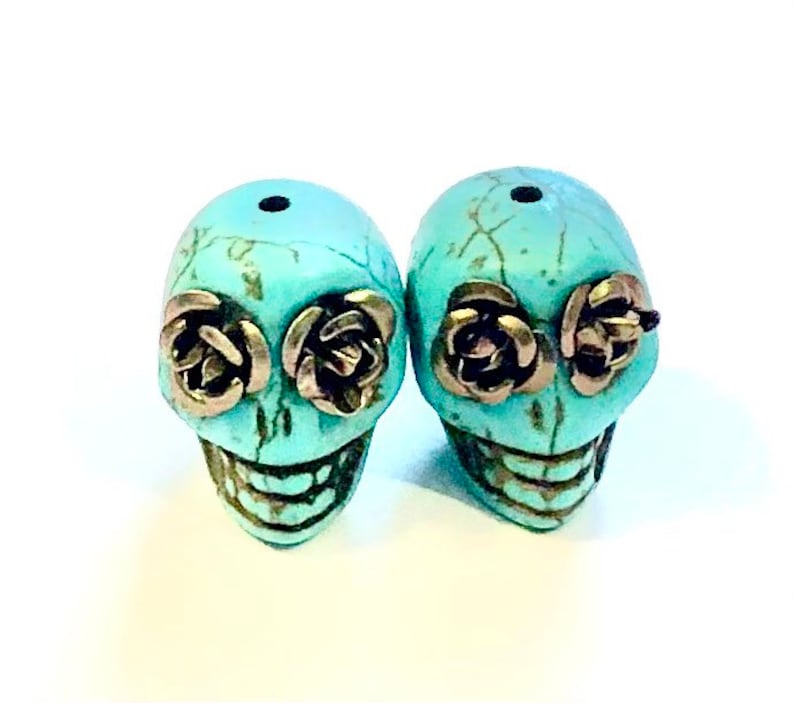 Sugar Skull Beads Turquoise 18mm Skull Beads Bronze Metallic Rose Eyes image 1