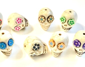 Sugar Skull Beads with Flower Eyes, Day of the Dead (8, 18mm)