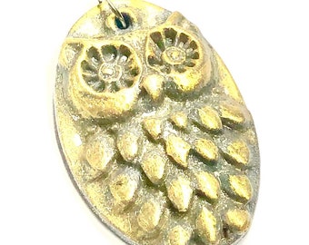 Owl Pendant Handmade Silver Gold Polymer Clay Artisan Owl Charm Focal Bead