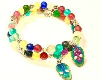 Sugar Skull Bracelet Gemstone Rainbow Wrap Bracelet Day of the Dead Sugar Skull Jewelry Gift