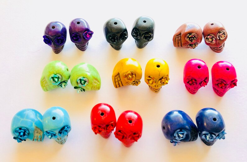 Sugar Skull Beads-Collection of 9 Pairs Rainbow Rose Day of the Dead Skull Beads 18 mm image 4