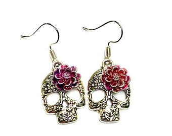 Silver Sugar Skull Earrings Dahlia Day of the Dead Jewelry Gift
