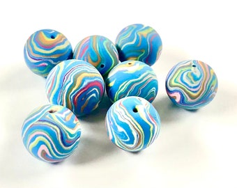 Handmade Artisan Beads Polymer Clay Blue Marbled Jewelry Components