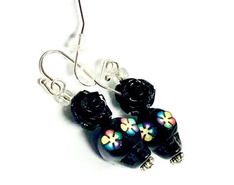 Black Sugar Skull Earrings: Day of the Dead, Rainbow Flower Eyes