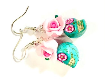 Sugar Skull Earrings Turquoise Pink Day of the Dead Rose Sugar Skull Gift Earrings Jewelry