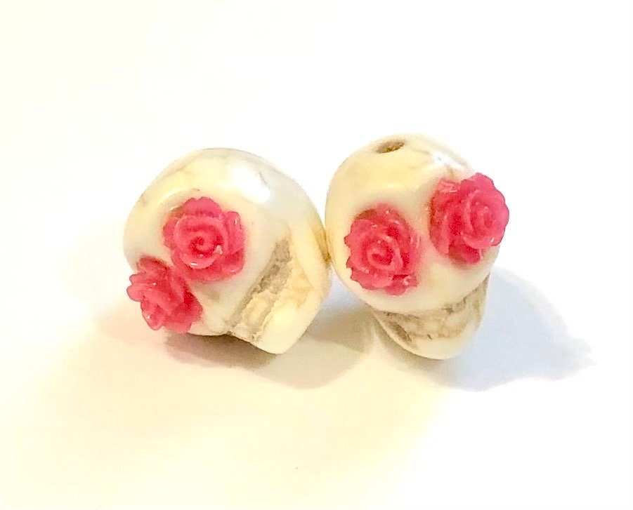Sugar Skull Beads 13 mm White Pink Rose Day of the Dead Jewelry Components