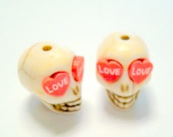 Ivory and Red Heart Eyes in Day of The Dead Sugar Skull Beads-12mm