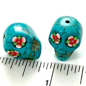 Turquoise Howlite 18mm Sugar Skull Beads with Red Flower Eyes