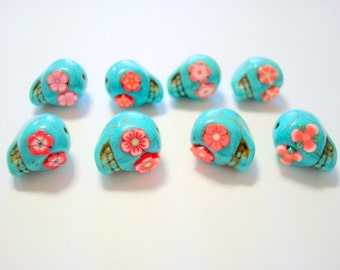 Sugar Skull Beads- Turquoise and Red Howlite Collection of 8 13mm beads