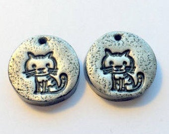 Kitty Cats - Handmade Black and Silver Polymer Clay Focal Beads