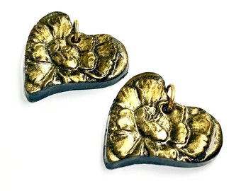 Handmade Polymer Clay Beads Black Gold Floral Heart Beads Art Jewelry Components