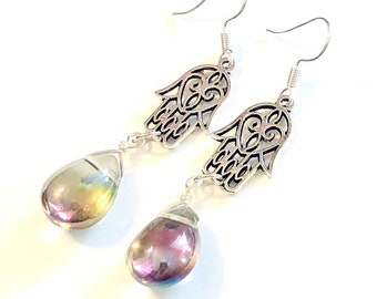 Silver Hamsa Earrings Iridescent Bubble Glass Teardrop Dangles