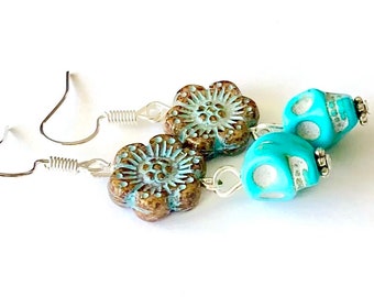 Turquoise Sugar Skull Earrings, Day of the Dead Czech Glass Flower
