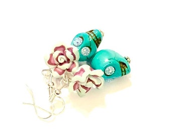 Turquoise Sugar Skull Earrings, Rose Accent - Day of the Dead Jewelry