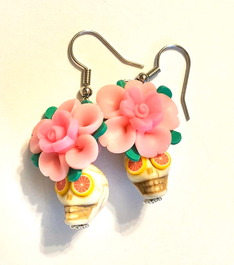 Sugar Skull Earrings Pink Grapefruit Day of the Dead Skull Earrings