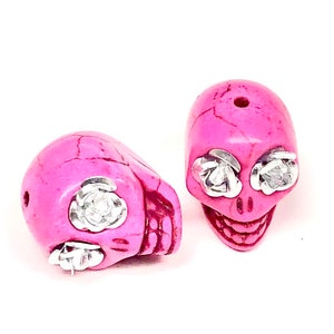 Sugar Skull Beads Pink Silver Rose Eyes 18mm Beads image 1