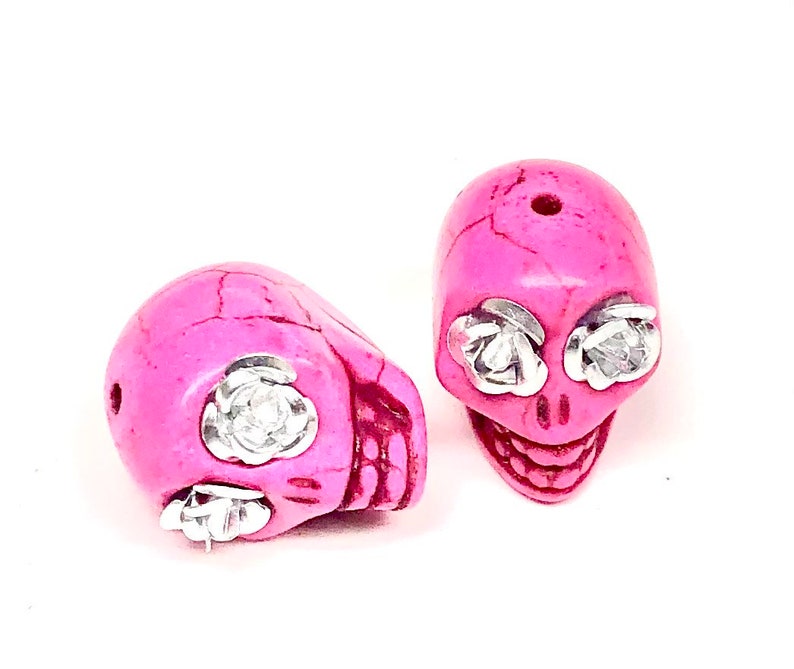 Sugar Skull Beads Pink Silver Rose Eyes 18mm Beads image 1