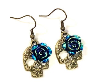 Antique Brass Sugar Skull Earrings Iridescent Black Blue Rose Day of the Dead Earrings