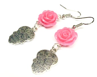 Silver Sugar Skull Earrings Pink Rose Day of the Dead Earrings