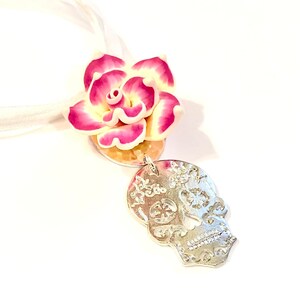 Silver Sugar Skull Pendant Necklace Day of the Dead Pink White Rose Sugar Skull Jewelry Gift