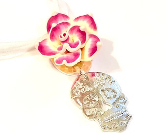 Silver Sugar Skull Pendant Necklace, Pink Rose Day of the Dead Jewelry