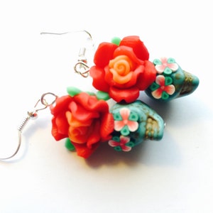 Sugar Skull Earrings in Turquoise with Red Roses